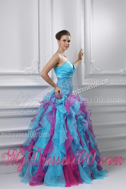 Ball Gown Strapless Organza Beading Ruffles Multi-color Quinceanera Dress