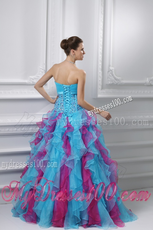 Ball Gown Strapless Organza Beading Ruffles Multi-color Quinceanera Dress
