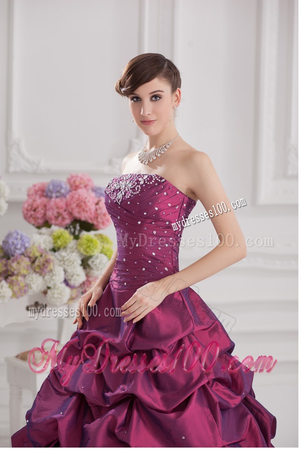Ball Gown Strapless Taffeta Purple Quinceanera Dress with Beading and Pick-ups
