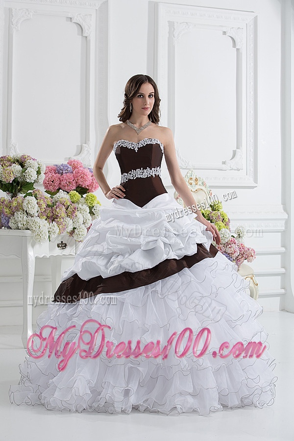 Ball Gown Sweetheart Beading Ruffled Layers Brown and White Quinceanera Dress