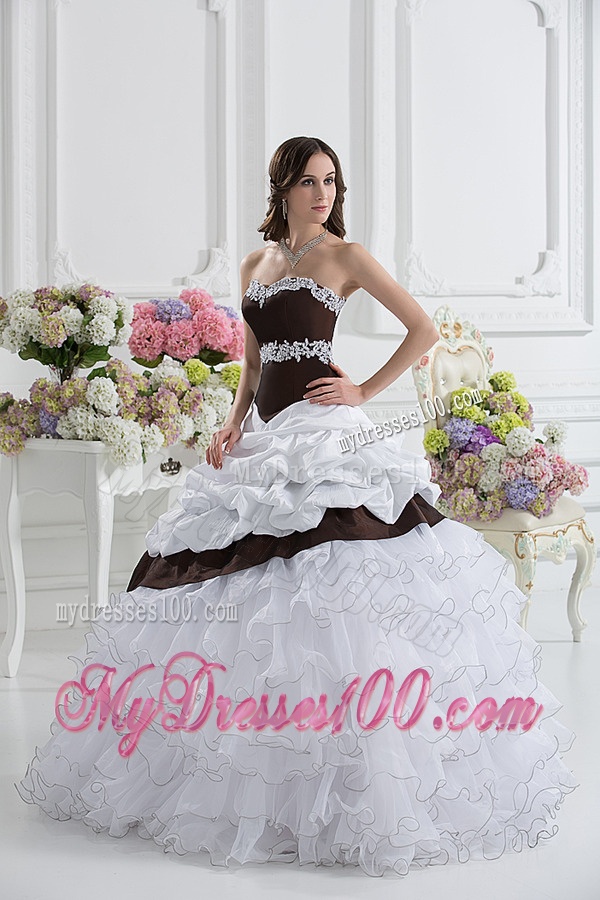 Ball Gown Sweetheart Beading Ruffled Layers Brown and White Quinceanera Dress