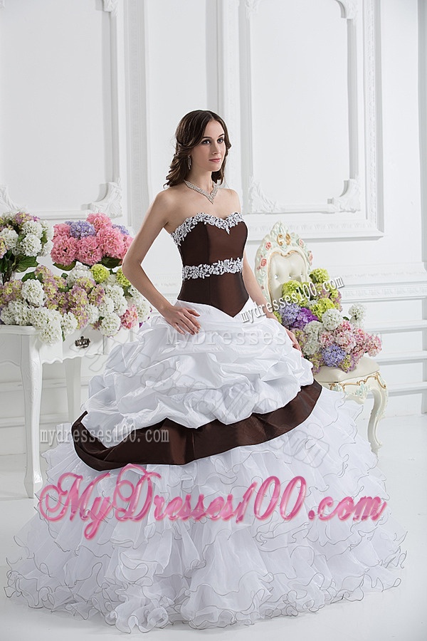 Ball Gown Sweetheart Beading Ruffled Layers Brown and White Quinceanera Dress