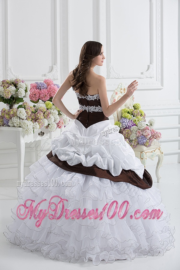 Ball Gown Sweetheart Beading Ruffled Layers Brown and White Quinceanera Dress