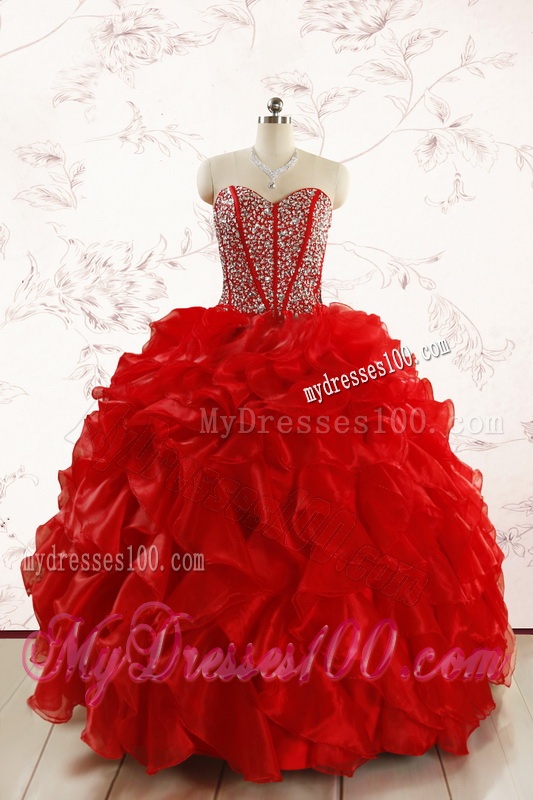 Beading and Ruffles Red Pretty Quinceanera Dresses for 2016