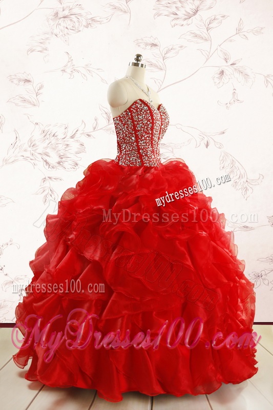 Beading and Ruffles Red Pretty Quinceanera Dresses for 2016