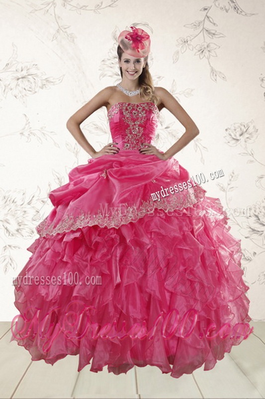 Beautiful Ruffles and Appliques Quince Dresses in Hot Pink