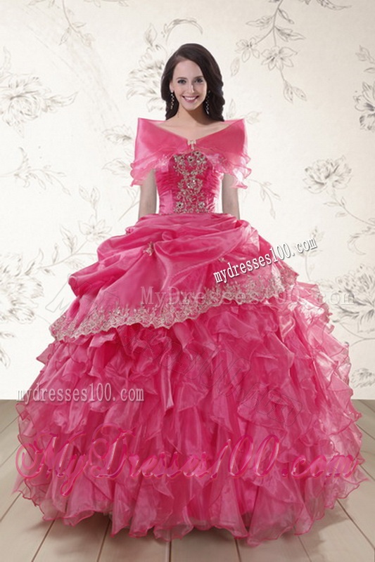 Beautiful Ruffles and Appliques Quince Dresses in Hot Pink
