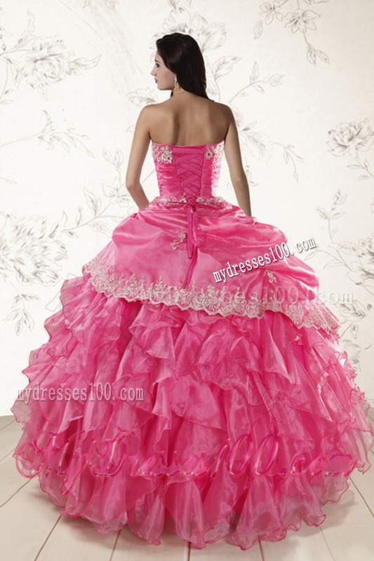 Beautiful Ruffles and Appliques Quince Dresses in Hot Pink