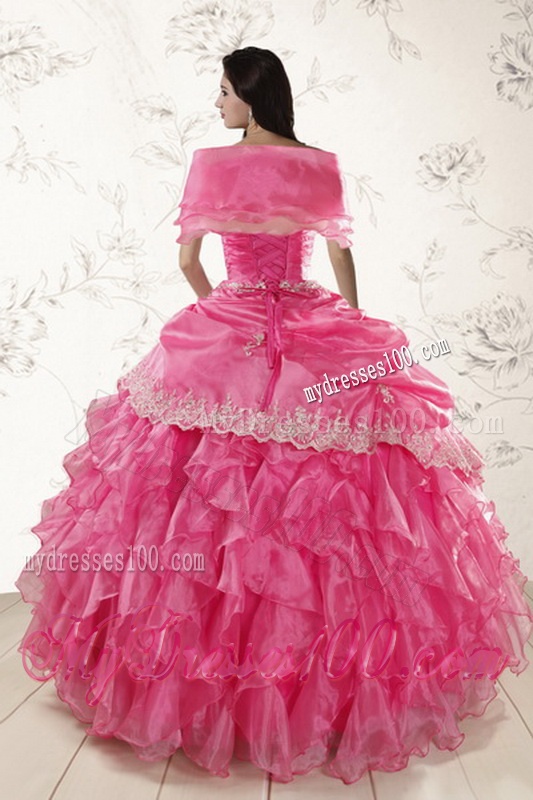Beautiful Ruffles and Appliques Quince Dresses in Hot Pink