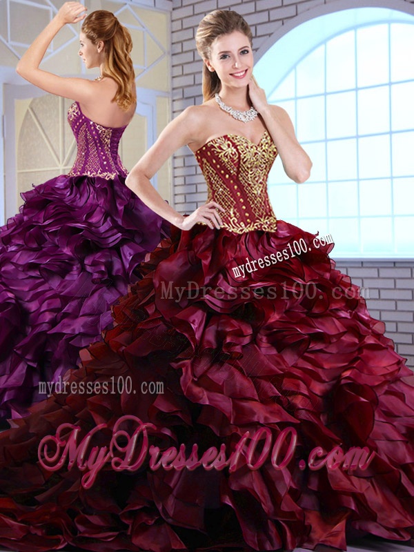 Best Brush Train Ruffles and Appliques Quinceanera Gowns in Wine Red