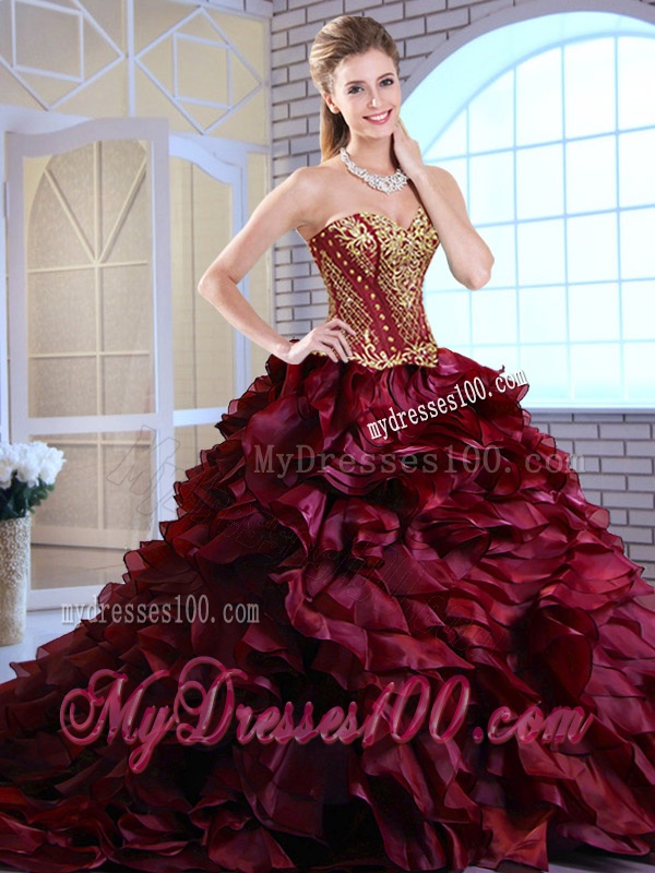 Best Brush Train Ruffles and Appliques Quinceanera Gowns in Wine Red