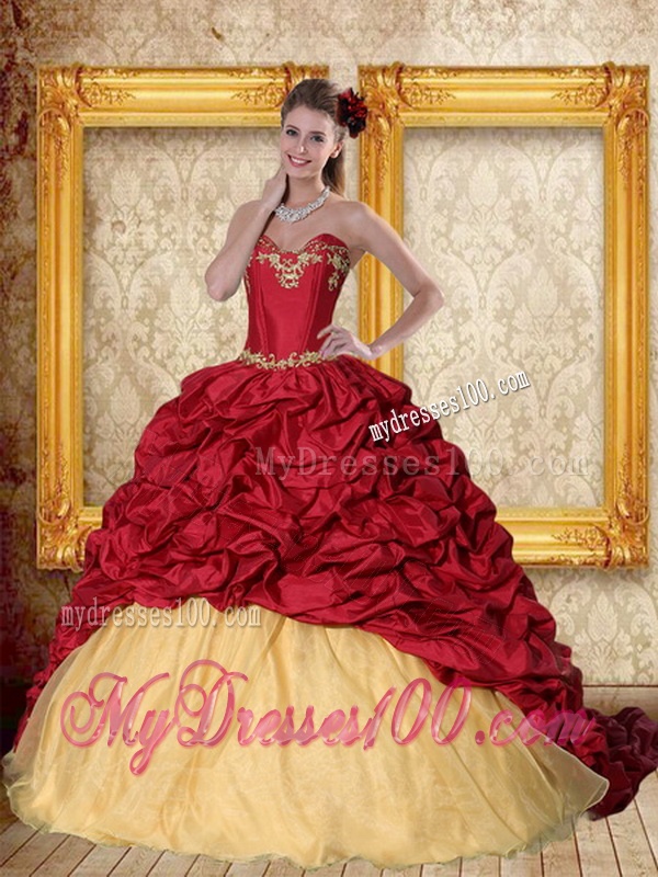 Brand New 2016 Wine Red Brush Train Quinceanera Dress with Sweetheart