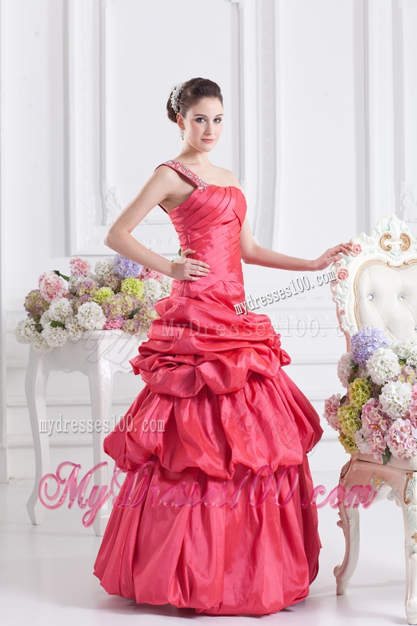 Cheap Coral Red One Shoulder Beading Ball Gown Quinceanera Dress with Pick Ups