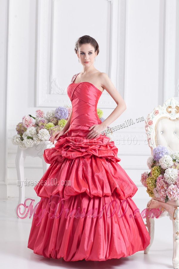 Cheap Coral Red One Shoulder Beading Ball Gown Quinceanera Dress with Pick Ups