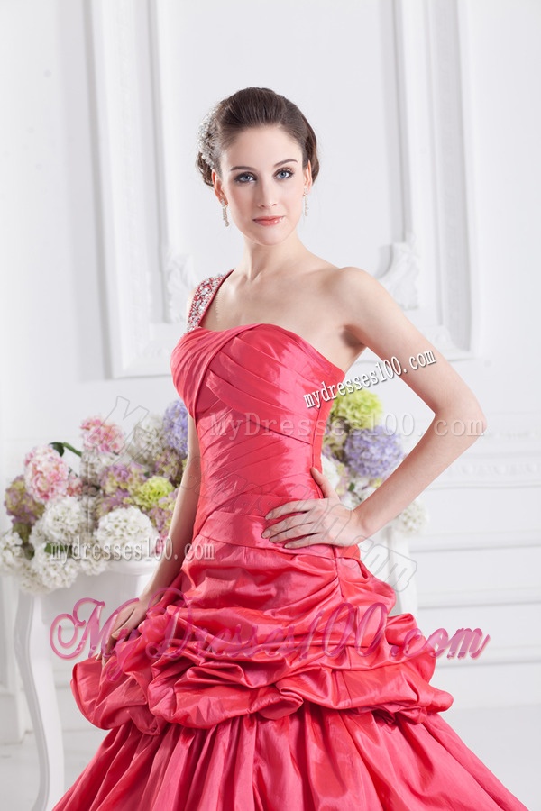 Cheap Coral Red One Shoulder Beading Ball Gown Quinceanera Dress with Pick Ups