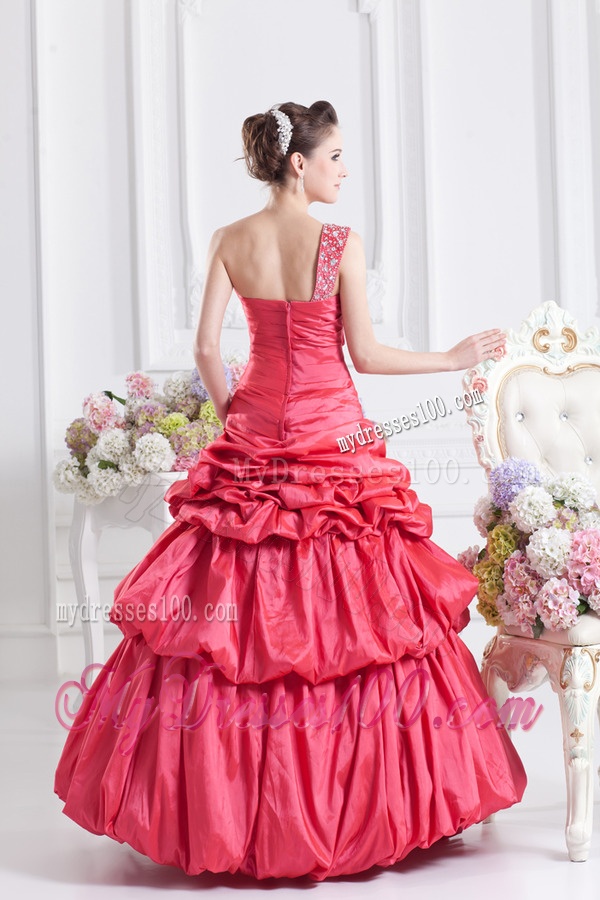 Cheap Coral Red One Shoulder Beading Ball Gown Quinceanera Dress with Pick Ups