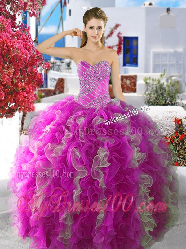 Cheap Fuchsia and White Organza Sweet 16 Dress with Beading and Ruffles
