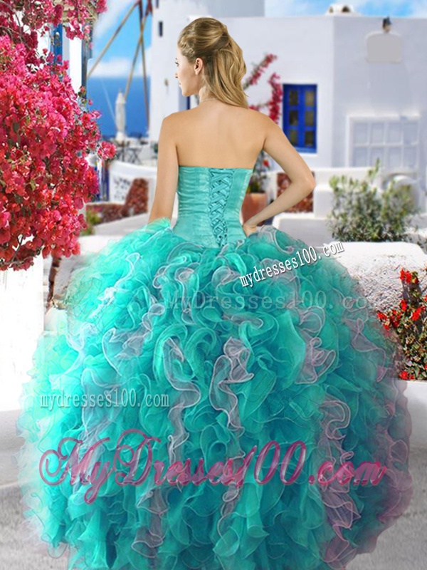 Cheap Fuchsia and White Organza Sweet 16 Dress with Beading and Ruffles