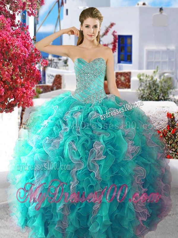 Cheap Fuchsia and White Organza Sweet 16 Dress with Beading and Ruffles