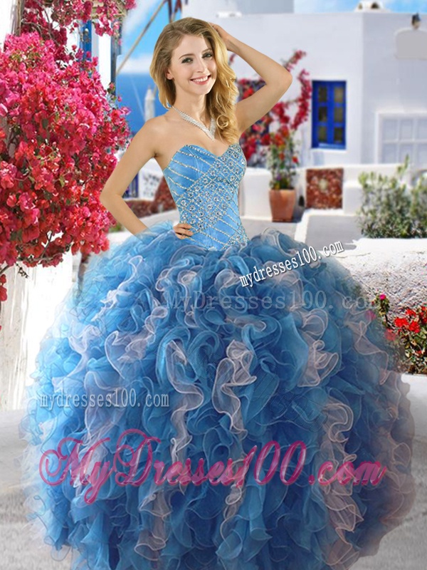 Cheap Fuchsia and White Organza Sweet 16 Dress with Beading and Ruffles