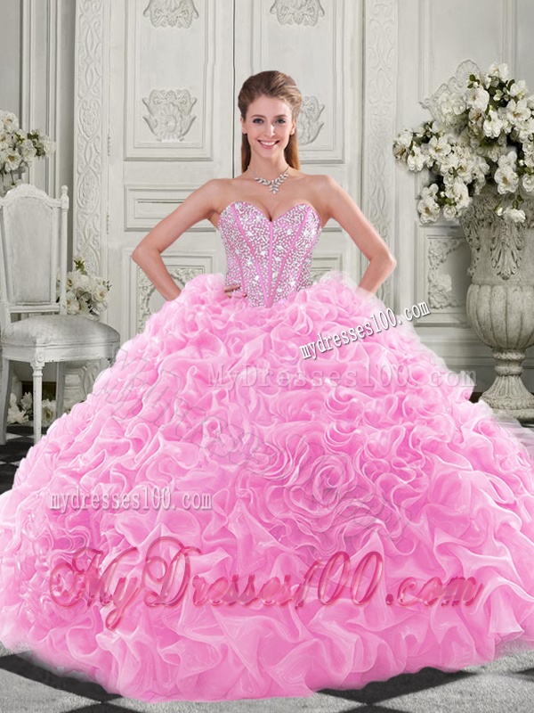 Cheap Visible Boning Beaded Bodice Fuchsia Quinceanera Gown with Ruffles