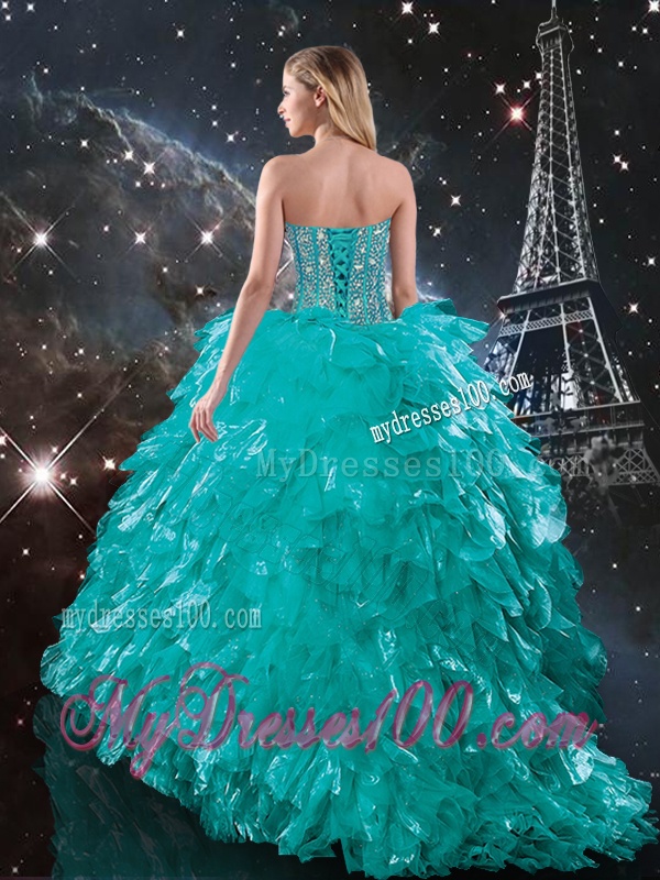 Classical Brush Train Turquoise Quinceanera Dresses with Beading and Ruffles