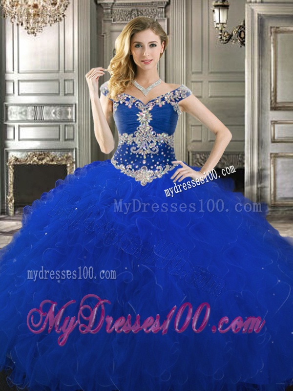 Classical Off the Shoulder Cap Sleeves Quinceanera Dress with Beading and Ruffles