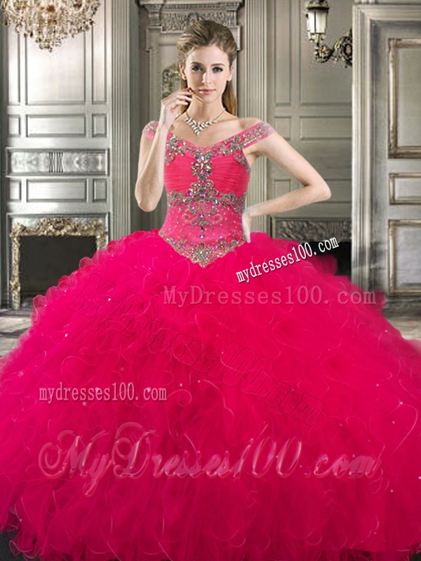 Classical Off the Shoulder Cap Sleeves Quinceanera Dress with Beading and Ruffles
