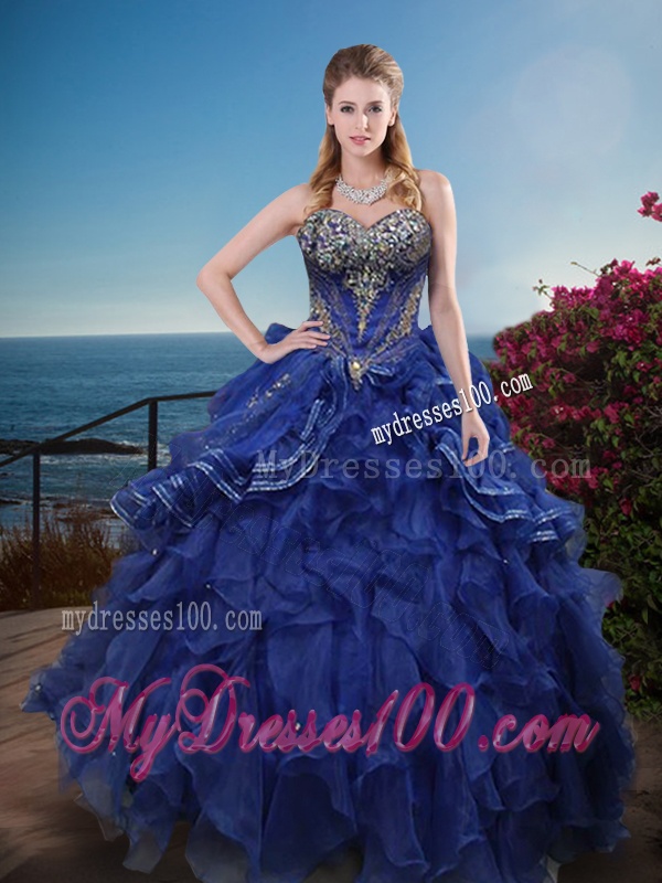 Classical Rhinestoned and Ruffled Sweet 16 Dress in Royal Blue