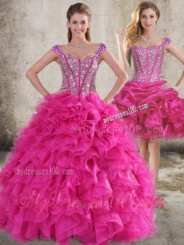 Classical Ruffled and Beaded Bodice Detachable Quinceanera Dress in Hot Pink