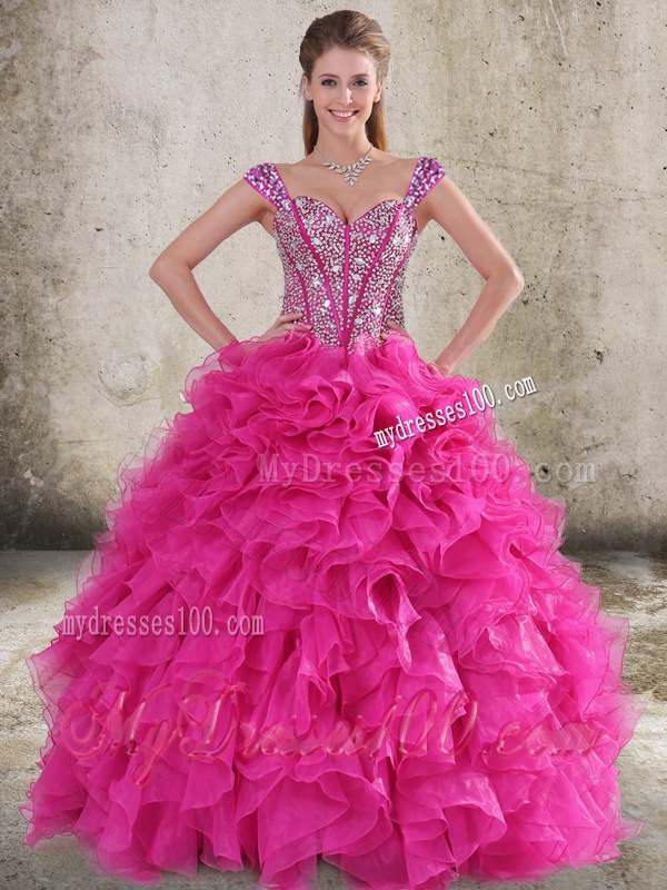 Classical Ruffled and Beaded Bodice Detachable Quinceanera Dress in Hot Pink