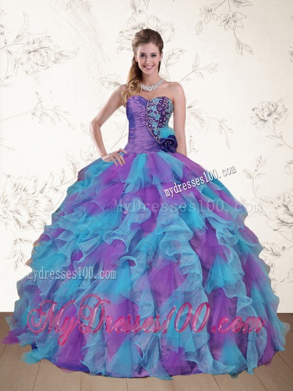 Cute Strapless Beading and Ruffles Multi Color Sweet 15 Dress