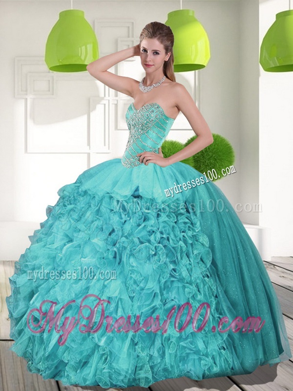 Discount Beading and Ruffles Strapless Aqua Blue Quinceanera Dresses for 2016