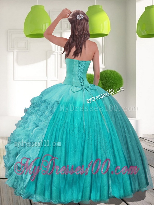 Discount Beading and Ruffles Strapless Aqua Blue Quinceanera Dresses for 2016
