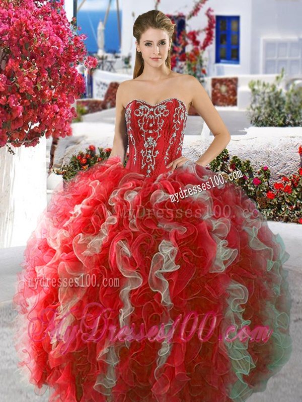 Discount Red and White Sweet 16 Dress with Beading and Ruffles