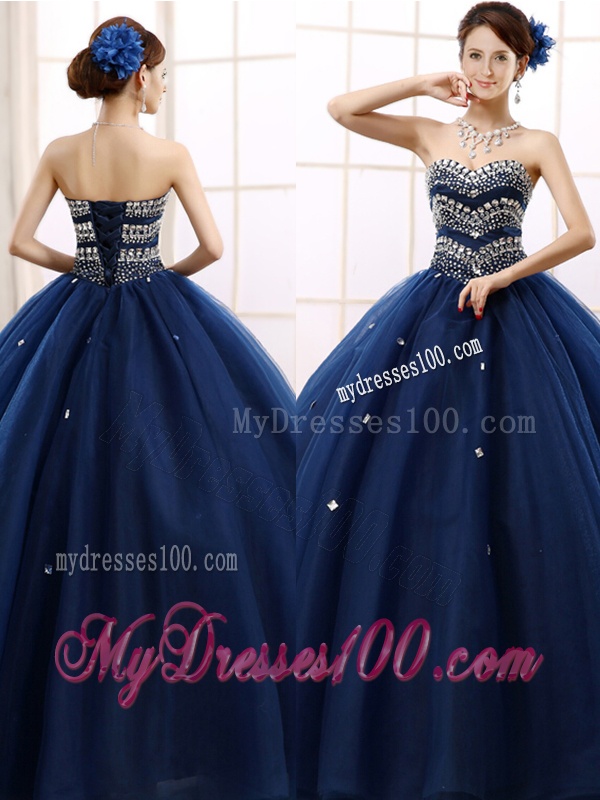 Discount Rhinestoned Really Puffy Quinceanera Dress in Navy Blue