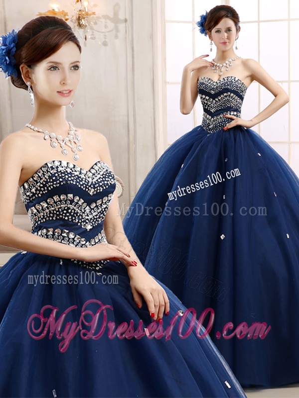 Discount Rhinestoned Really Puffy Quinceanera Dress in Navy Blue
