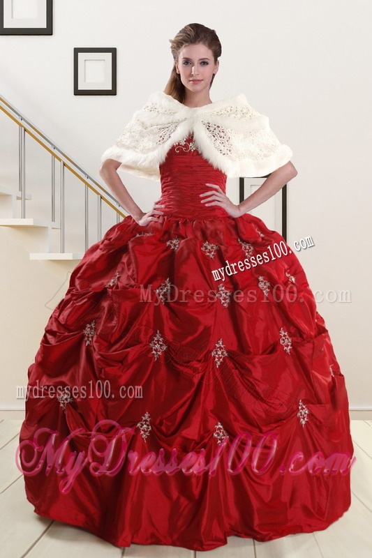 Discount Strapless Wine Red Appliques Quinceanera Dresses for 2016