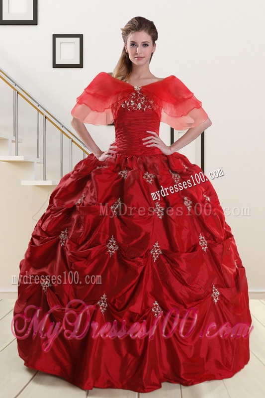 Discount Strapless Wine Red Appliques Quinceanera Dresses for 2016