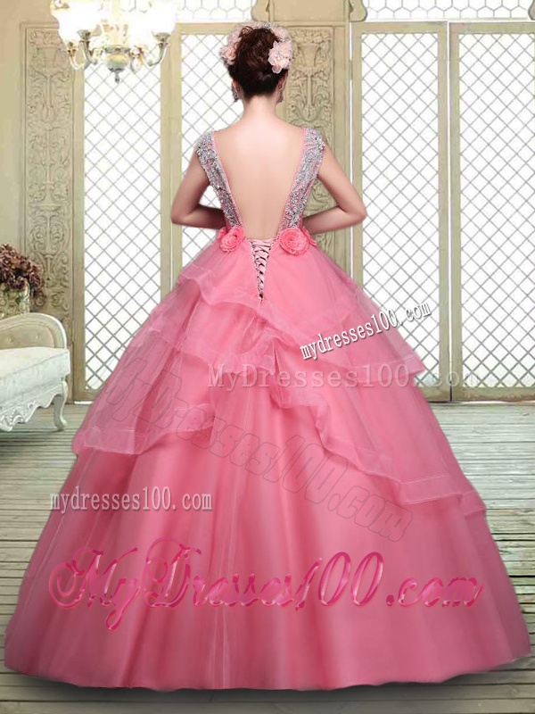 Elegant Backless Quinceanera Dresses with Beading and Hand Made Flowers