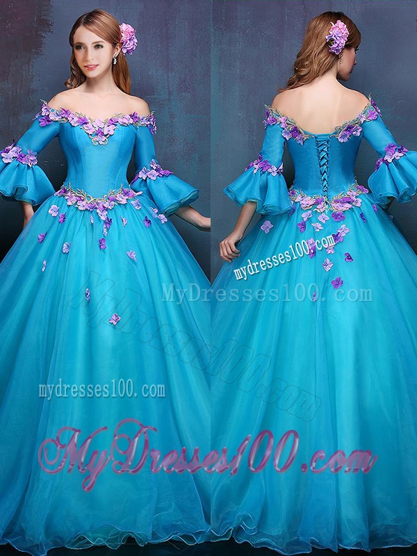 Elegant Off the Shoulder Three Fourth Length Sleeves Quinceanera Dress with Appliques