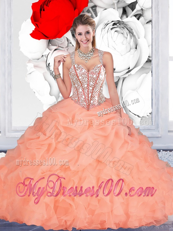 Elegant Orange Ball Gown Straps Quinceanera Dresses with Beading