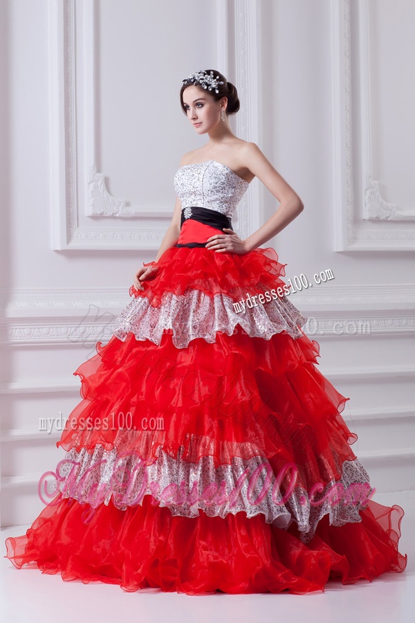 Elegant Princess Strapless Beading Ruflled Layers Red Quinceanera Dress in 2016
