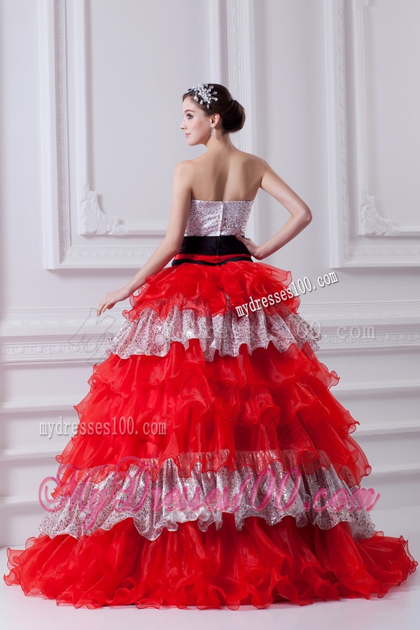 Elegant Princess Strapless Beading Ruflled Layers Red Quinceanera Dress in 2016