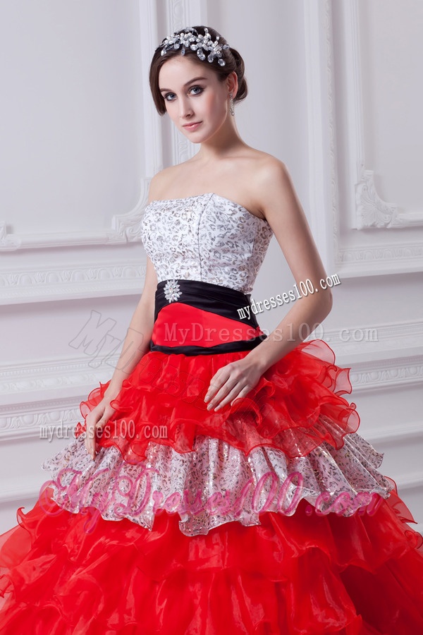 Elegant Princess Strapless Beading Ruflled Layers Red Quinceanera Dress in 2016
