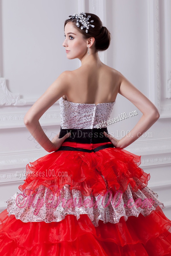 Elegant Princess Strapless Beading Ruflled Layers Red Quinceanera Dress in 2016