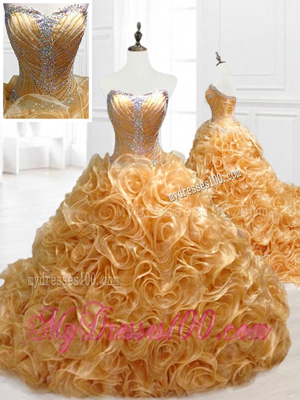 Elegant Sweetheart Rolling Flowers Brush Train Quinceanera Dresses with Beading