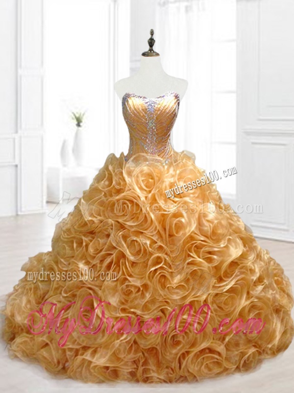 Elegant Sweetheart Rolling Flowers Brush Train Quinceanera Dresses with Beading