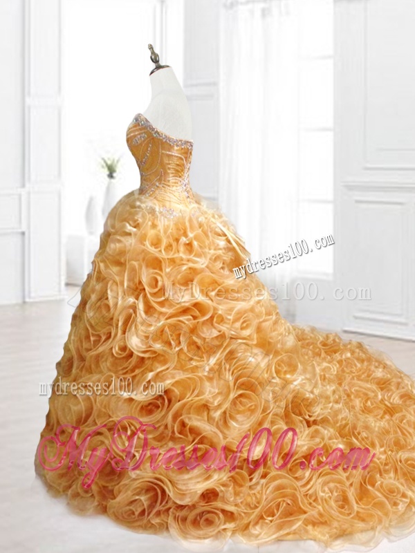 Elegant Sweetheart Rolling Flowers Brush Train Quinceanera Dresses with Beading