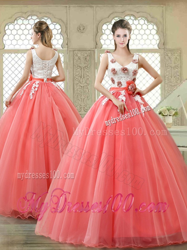 Elegant Watermelon Quinceanera Dresses with Hand Made Flowers
